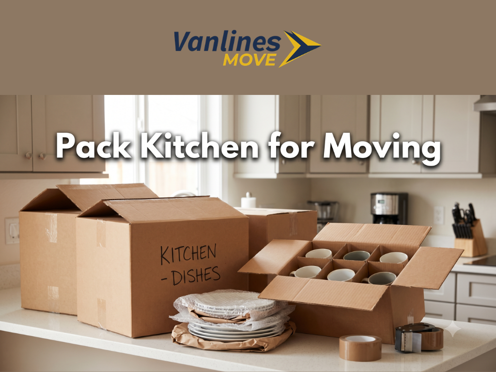 Person carefully packing fragile kitchen dishes into moving boxes for a 2026 move